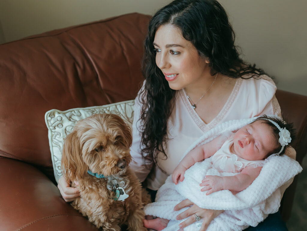 New York City in home newborn lifestyle photo session with toddler sibling and dog. 